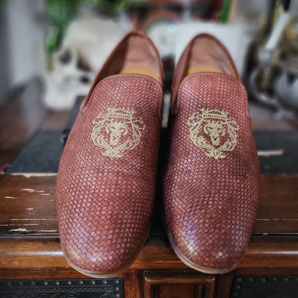 XRay Loafers Dress Shoes Brown‎ Cognac Preppy Lion Crest Embossed Mens US 11